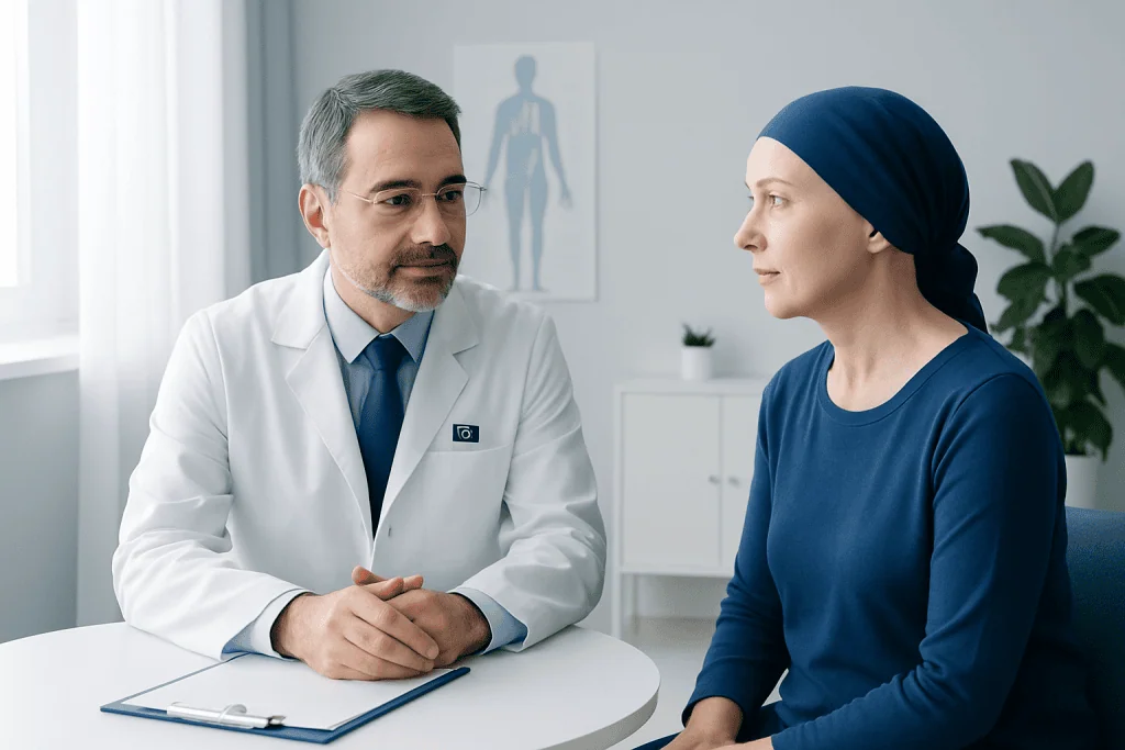 Doctor consulting with a female patient in a modern hospital setting.