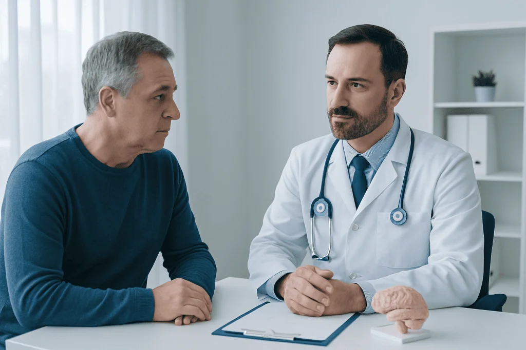 Doctor consulting with an older male patient in a medical office.