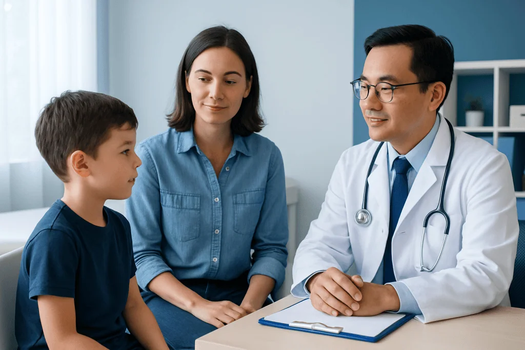 Pediatrician consulting with young boy and mother in a clinic setting.