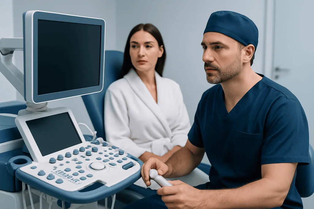 Medical consultation with ultrasound equipment at a hospital.