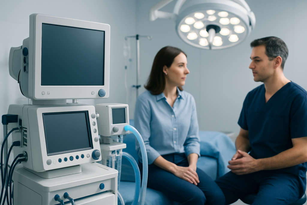 Doctor and patient in a hospital consultation room with medical equipment.