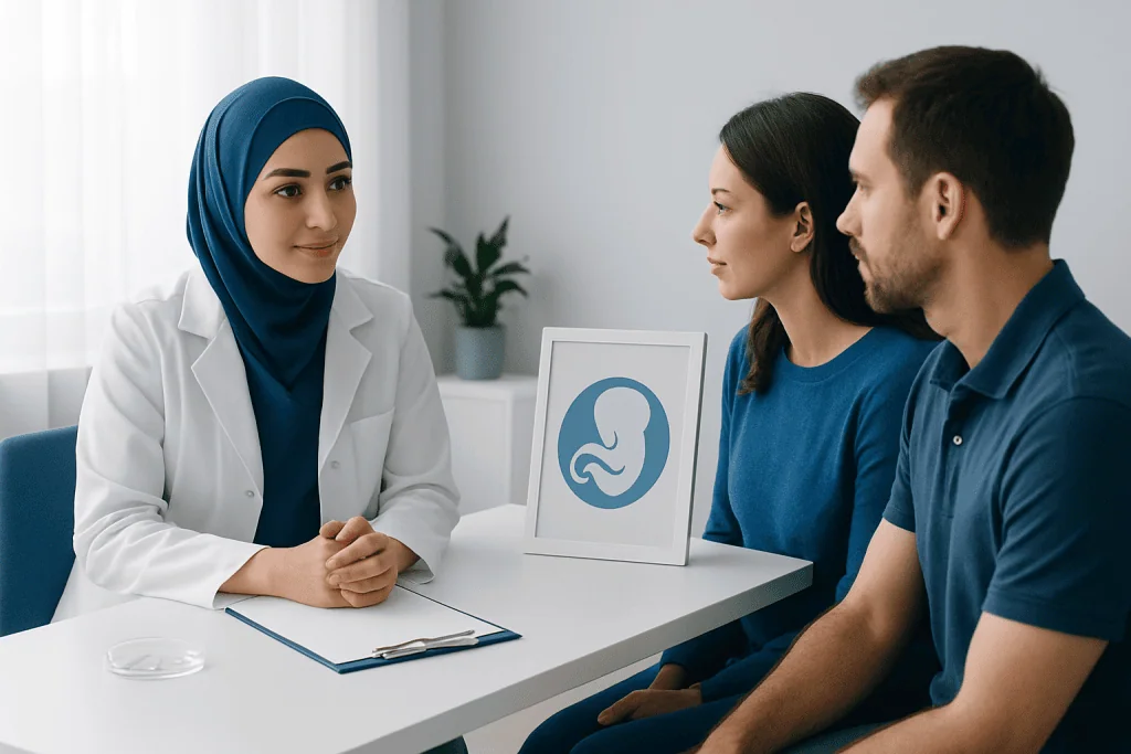 Fertility consultation at Acibadem Hospital with doctor and couple.