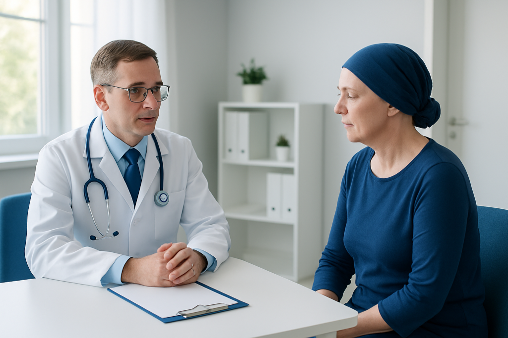 Doctor consulting with a female patient in a modern clinic setting.
