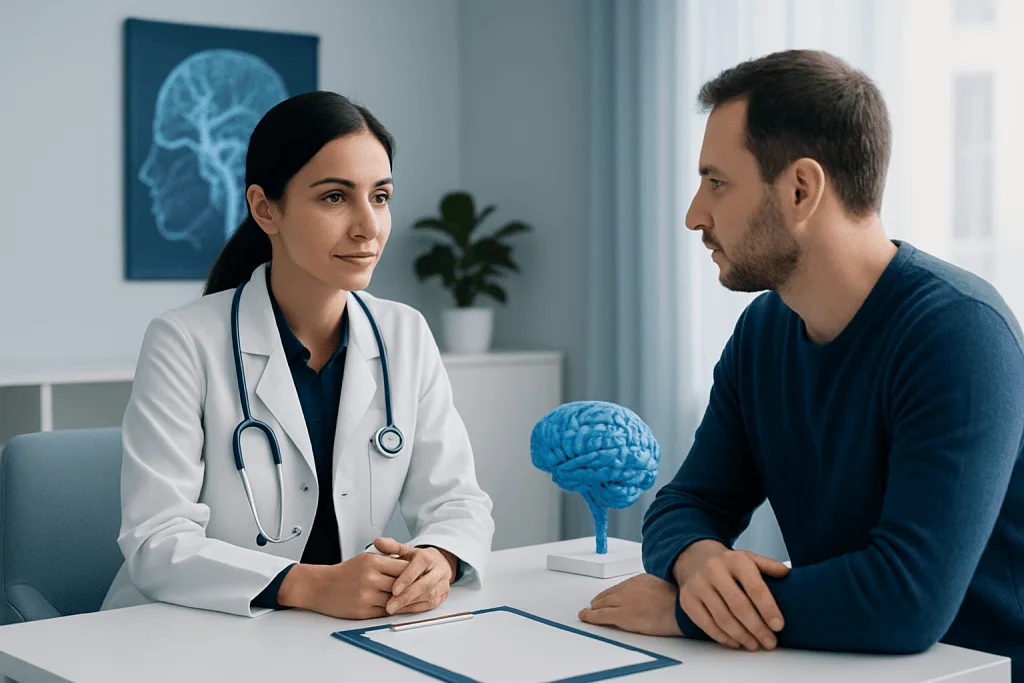 Doctor consulting with patient about neurological health in a modern clinic.