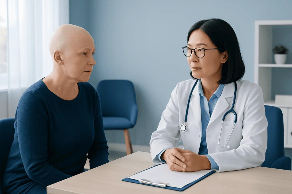 Oncologist consulting with a patient in a medical office setting.