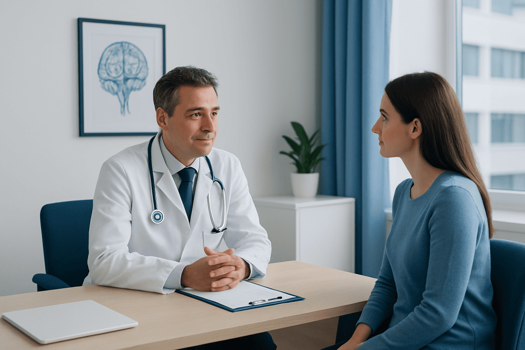 Doctor consulting with a patient in a modern hospital office.