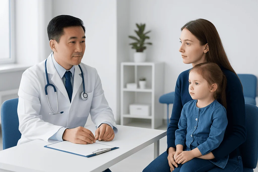 Pediatrician consulting with mother and daughter in a clinic setting.