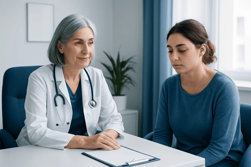 Doctor consulting with a young female patient in a medical office.