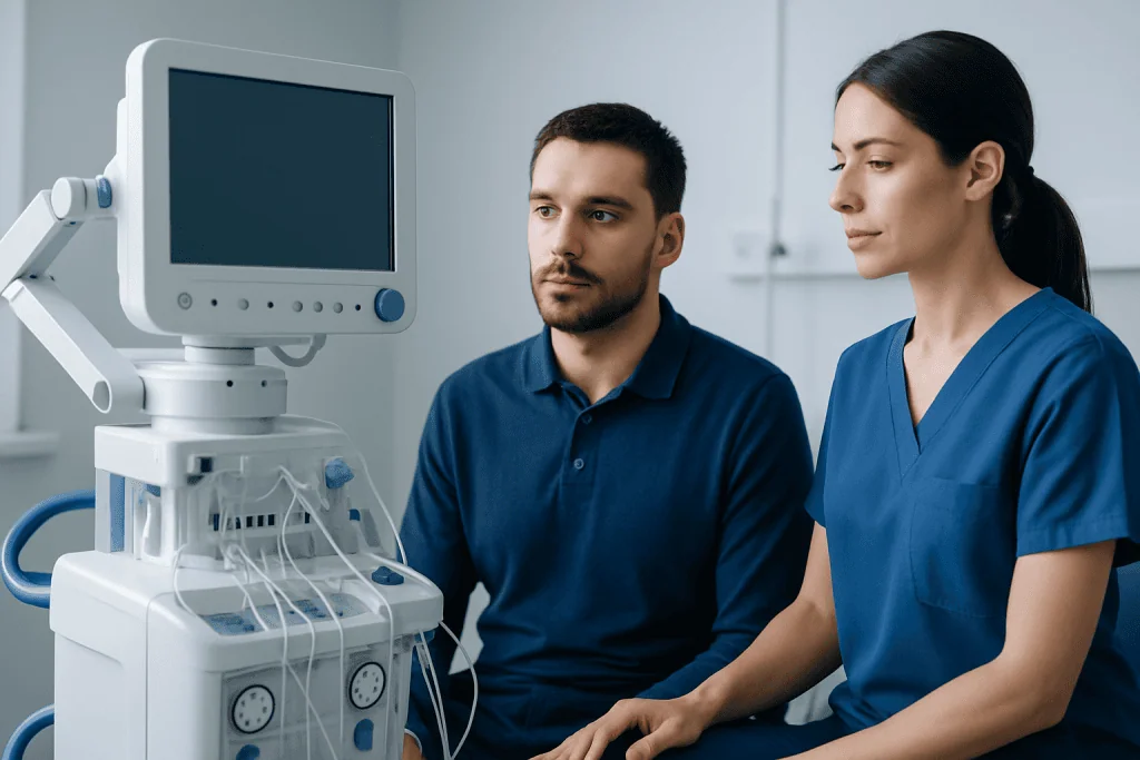 Medical professionals monitor patient with diagnostic equipment in hospital.