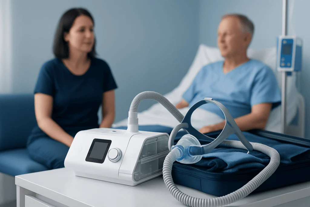 Patient using CPAP machine in hospital room with medical staff present.