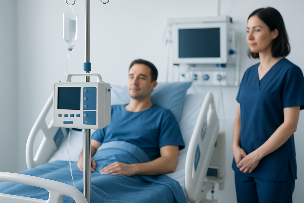 Patient in hospital bed with medical staff and monitoring equipment in background.