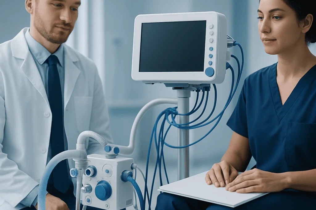 Medical professionals with ventilator in hospital setting.
