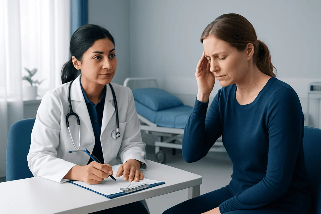Doctor consulting a patient with headache in a clinical setting.