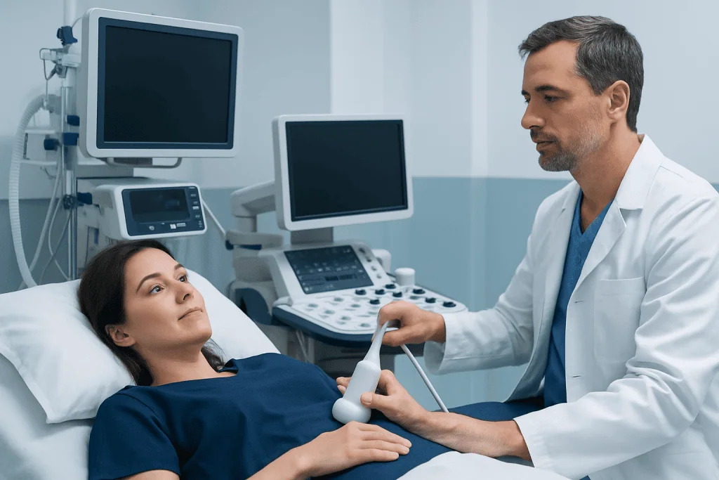Doctor performing ultrasound on female patient in hospital room.
