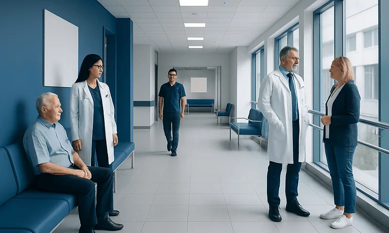 Medical consultation in a modern hospital corridor with doctors and patient.