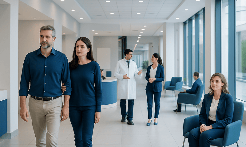 Medical professionals and patients in a modern hospital corridor.