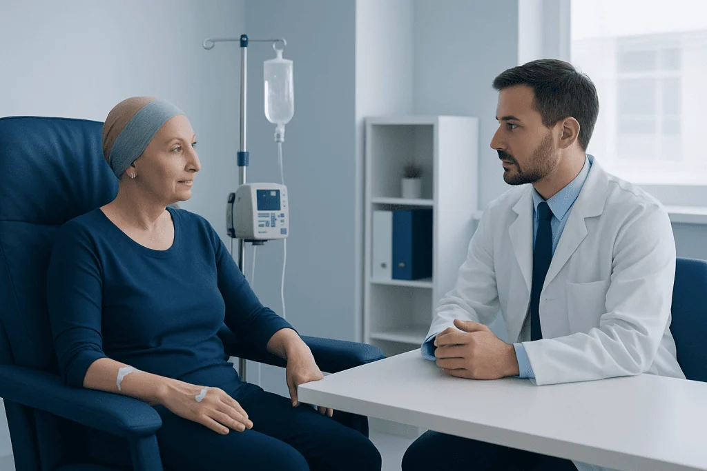 Oncologist consulting a patient undergoing chemotherapy in a hospital room.