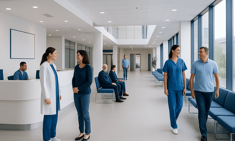 How Much Does Treatment in Turkey Cost? A Practical Guide for International Patients 14 Modern hospital lobby with medical staff and patients in a bright, spacious setting.