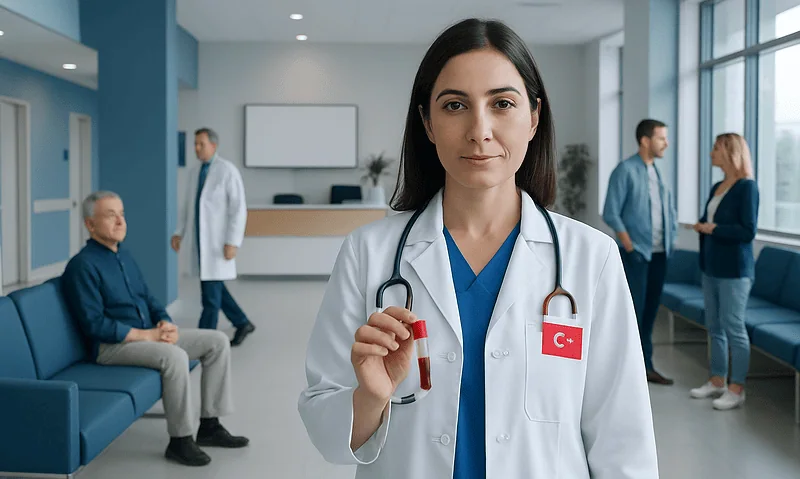 Female doctor holding a blood sample in a hospital setting.