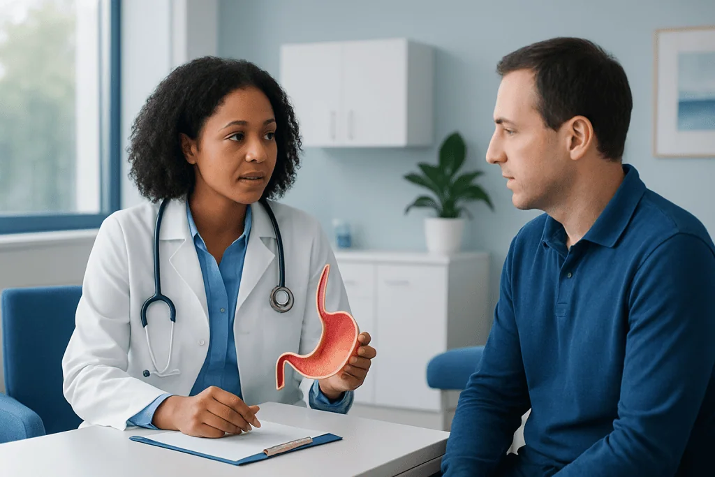 Doctor explaining stomach anatomy to patient in a consultation room.