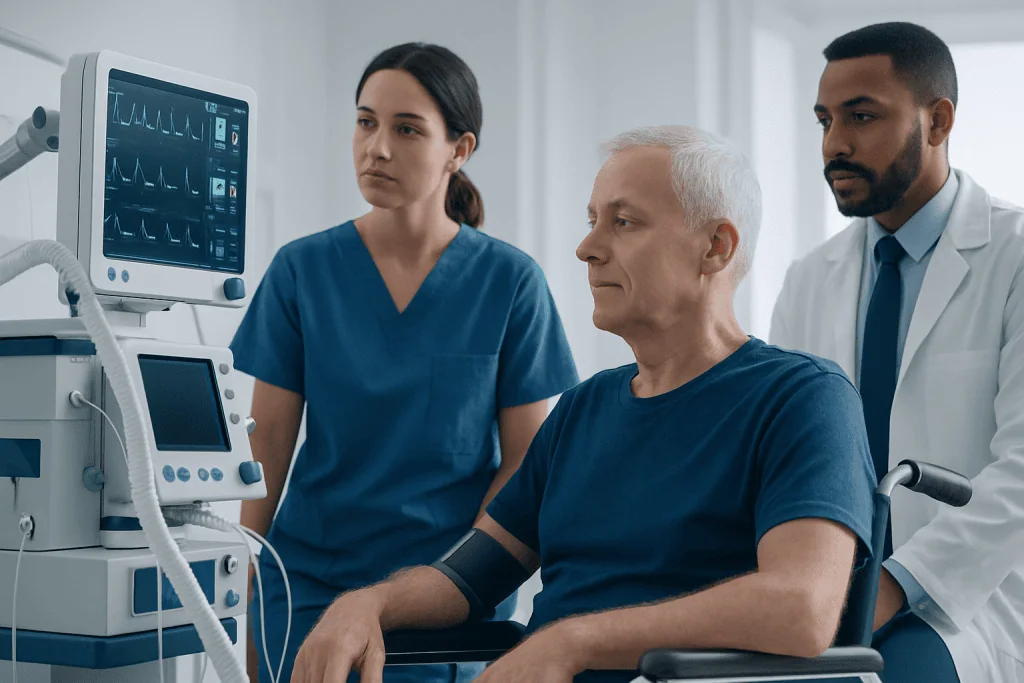 Medical team monitoring patient with advanced diagnostic equipment at Acibadem Hospital.