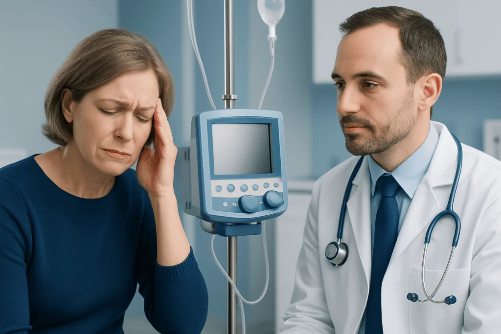 Patient experiencing headache in a hospital setting with medical staff nearby.
