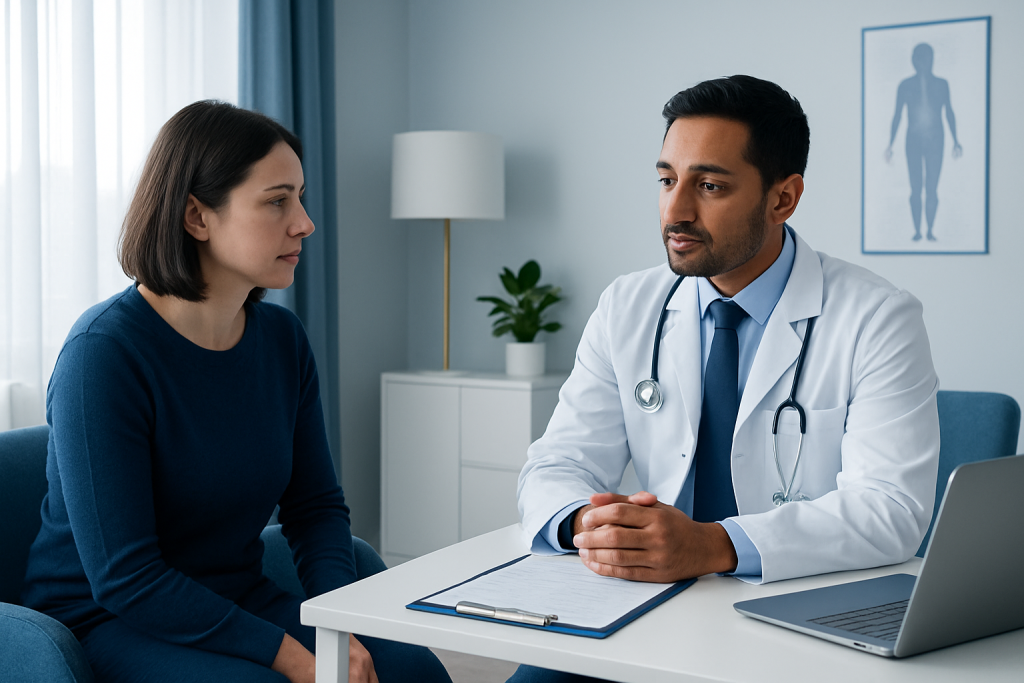 Doctor consulting with a female patient in a medical office setting.