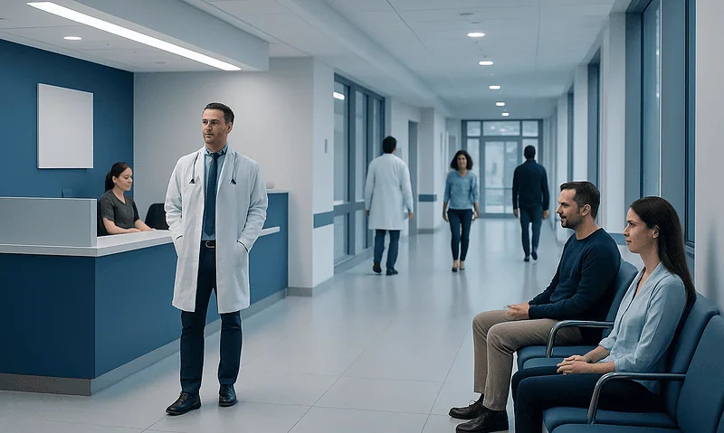 Medical professionals and patients in a modern hospital corridor.