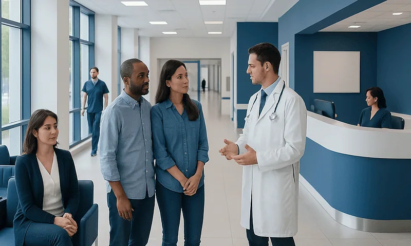 Doctors and patients discussing in a modern hospital corridor.