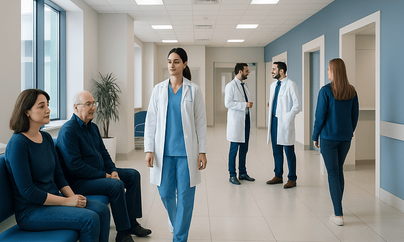 Healthcare professionals and patients in a modern hospital corridor in Turkey.