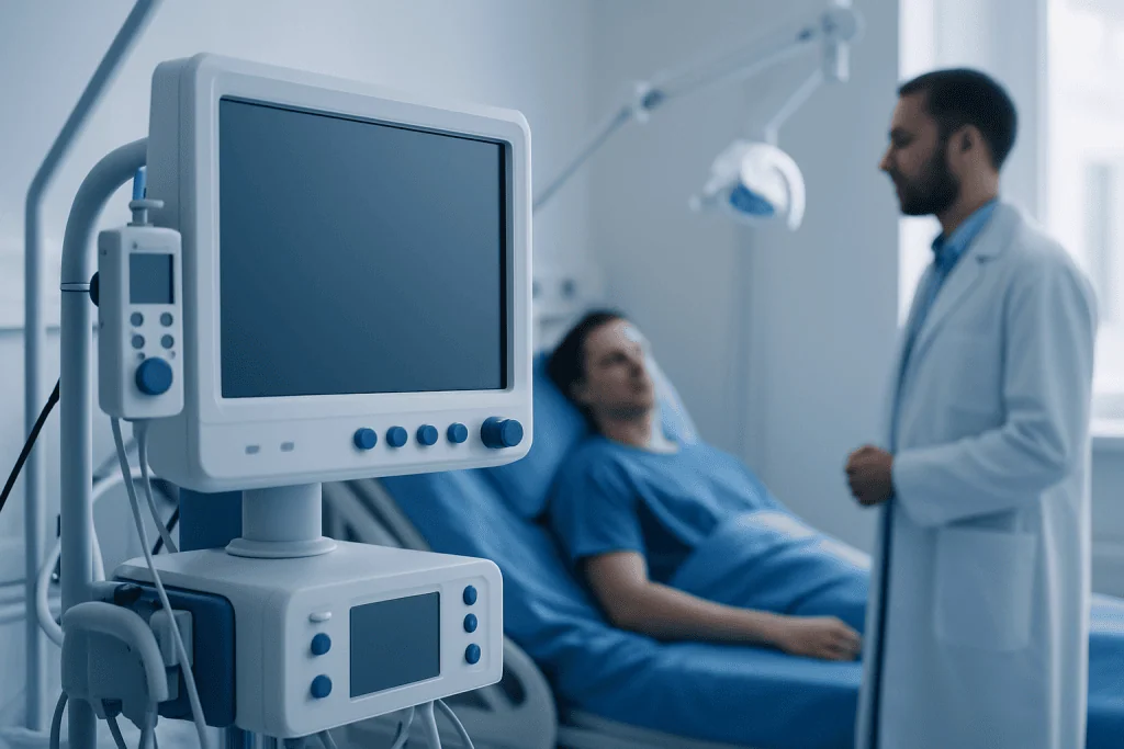 Medical professional consulting patient in hospital room with monitoring equipment.