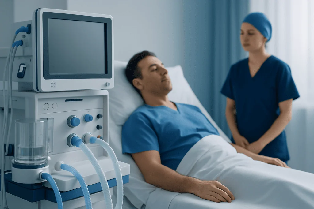Patient in hospital bed with medical monitor and nurse nearby at Acibadem Hospital.