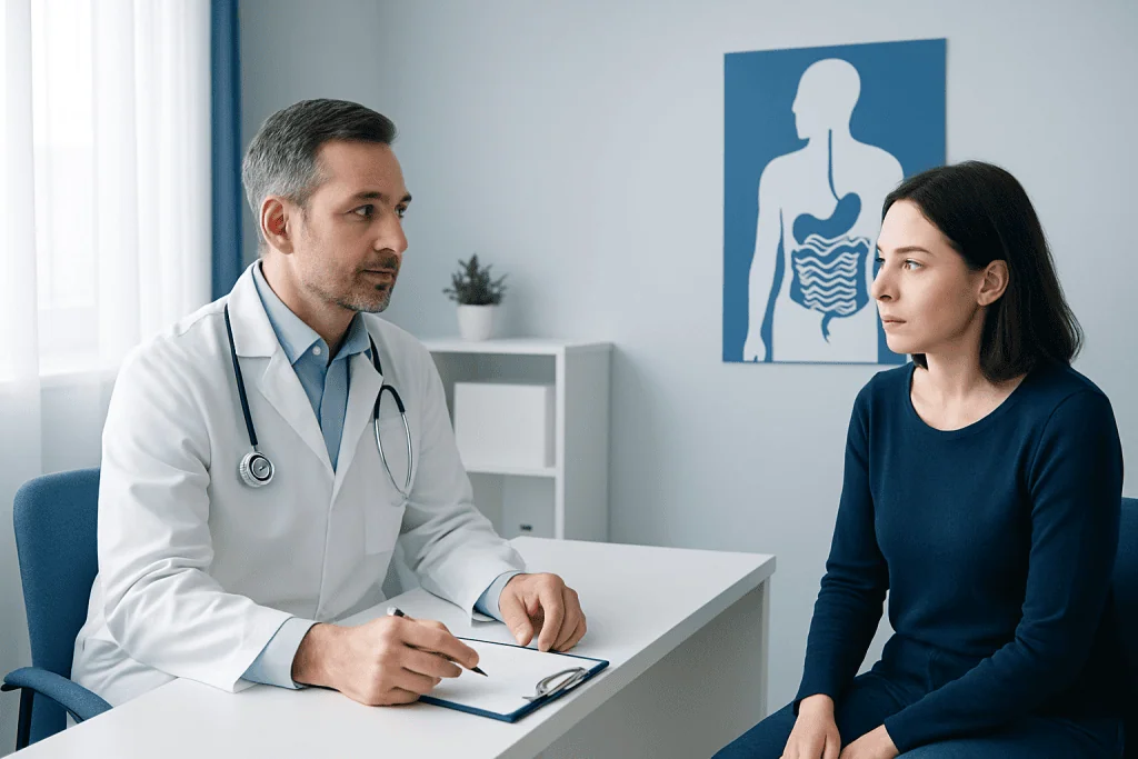 Doctor consulting with a patient in a medical office about gastroenterology.