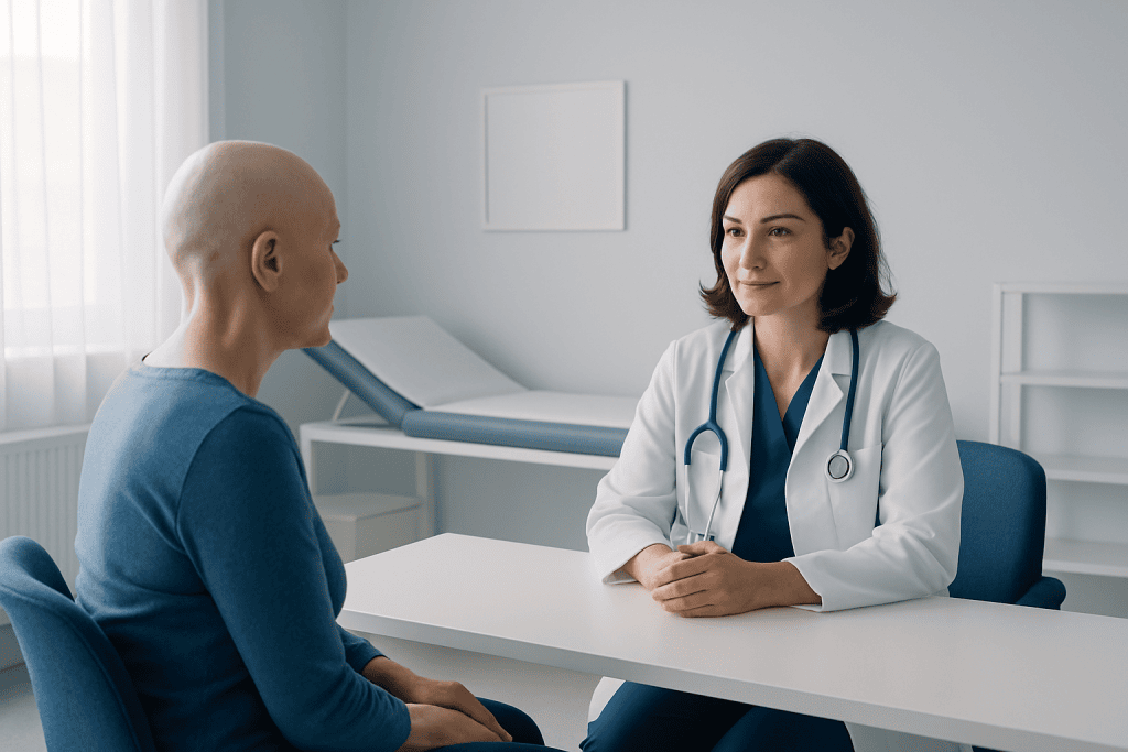 Doctor consulting with a patient in a hospital room.