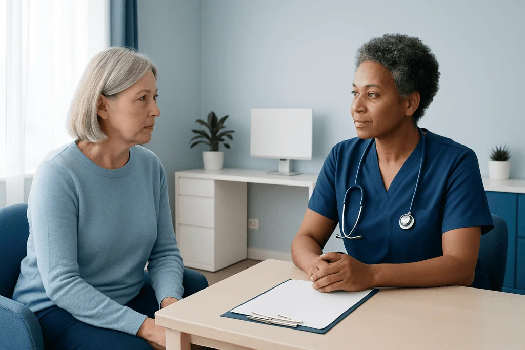 Doctor consulting with an elderly female patient in a hospital office.