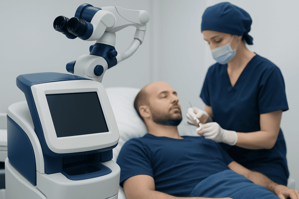 Medical professional preparing for a hair transplant procedure with advanced equipment.