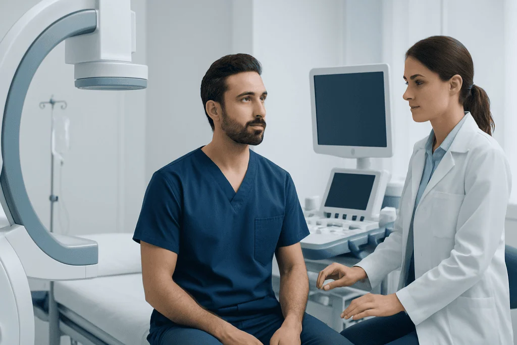 Doctor consulting patient in a modern hospital room with medical equipment.