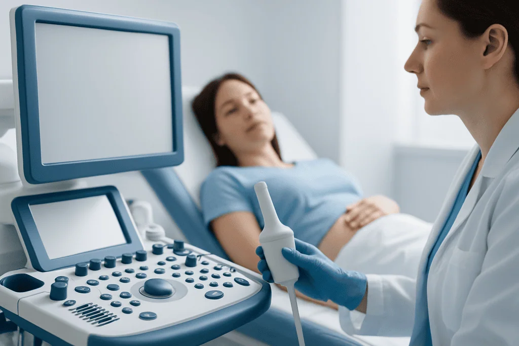 Doctor performing ultrasound on a patient in a hospital room.