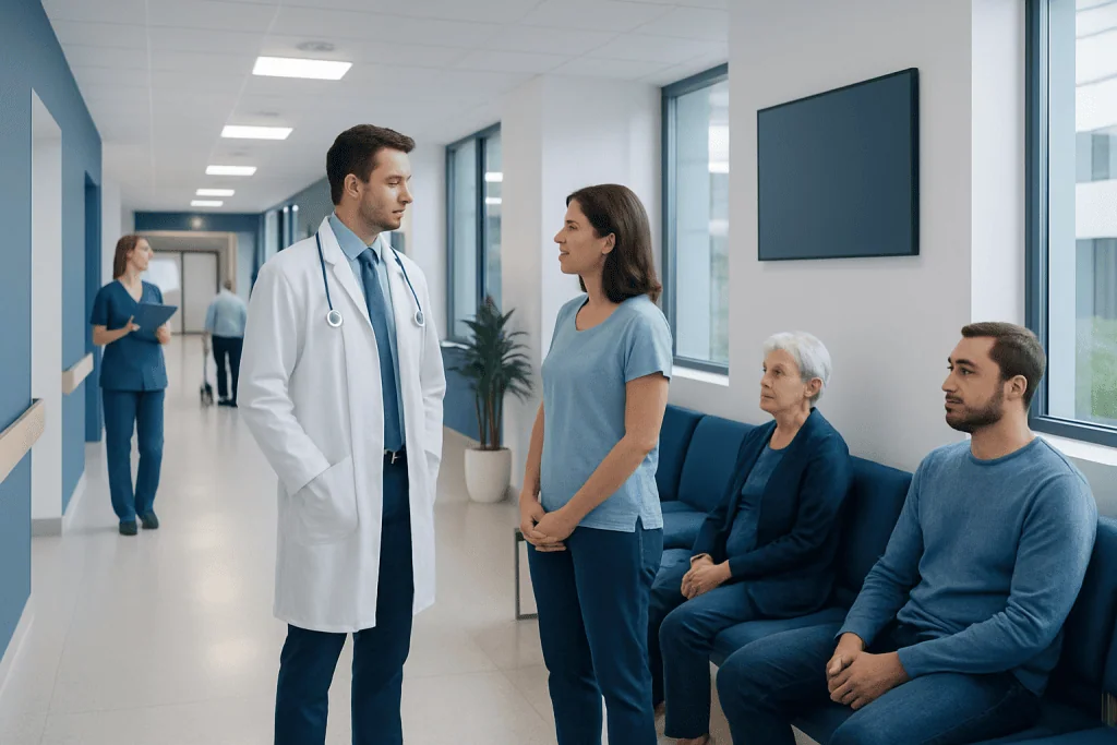 Pre-Op Tests in Turkey: Which Results Are Valid and When to Repeat Them 1 Doctor consulting female patient in hospital corridor with waiting patients nearby.