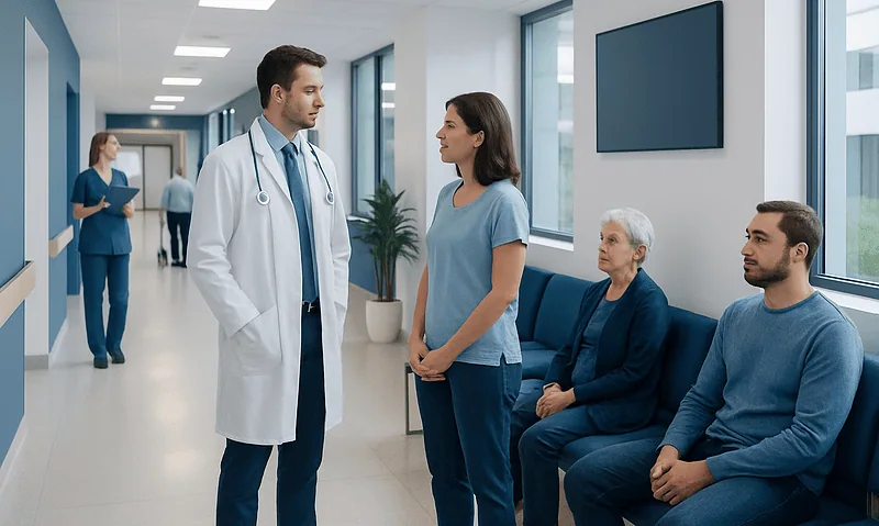 Pre-Op Tests in Turkey: Which Results Are Valid and When to Repeat Them 5 Doctor consulting female patient in hospital corridor with waiting patients nearby.