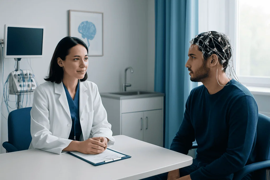 Doctor consulting with patient in a medical office setting.