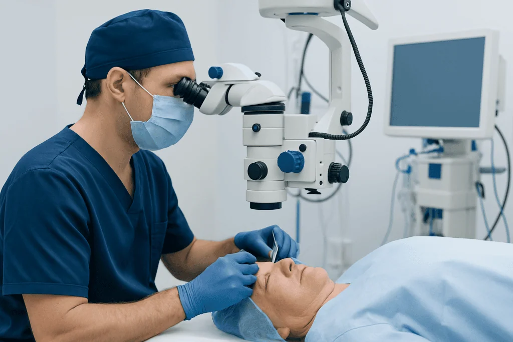 Surgeon performing eye surgery with microscope in hospital.