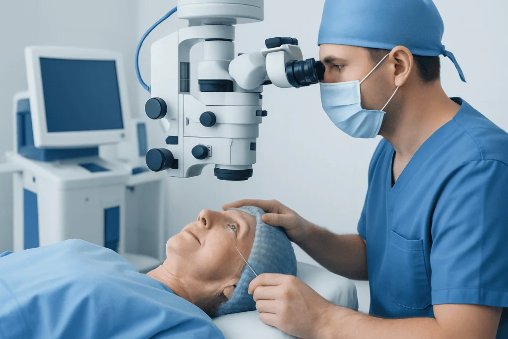 Ophthalmologist performing eye surgery with microscope in hospital.