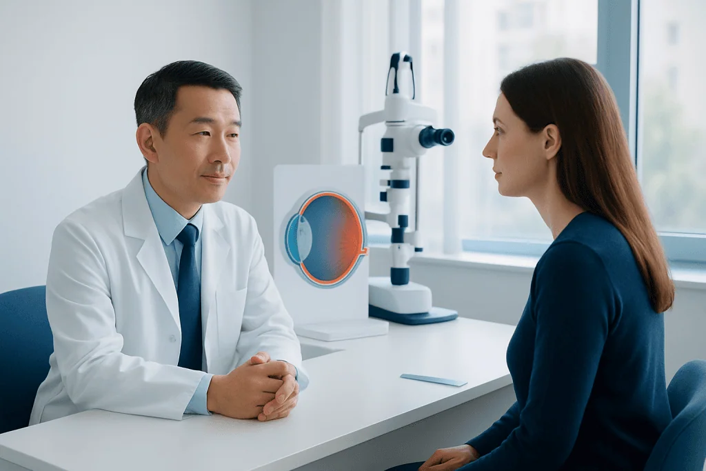 Ophthalmologist consulting with a patient in a modern clinic setting.