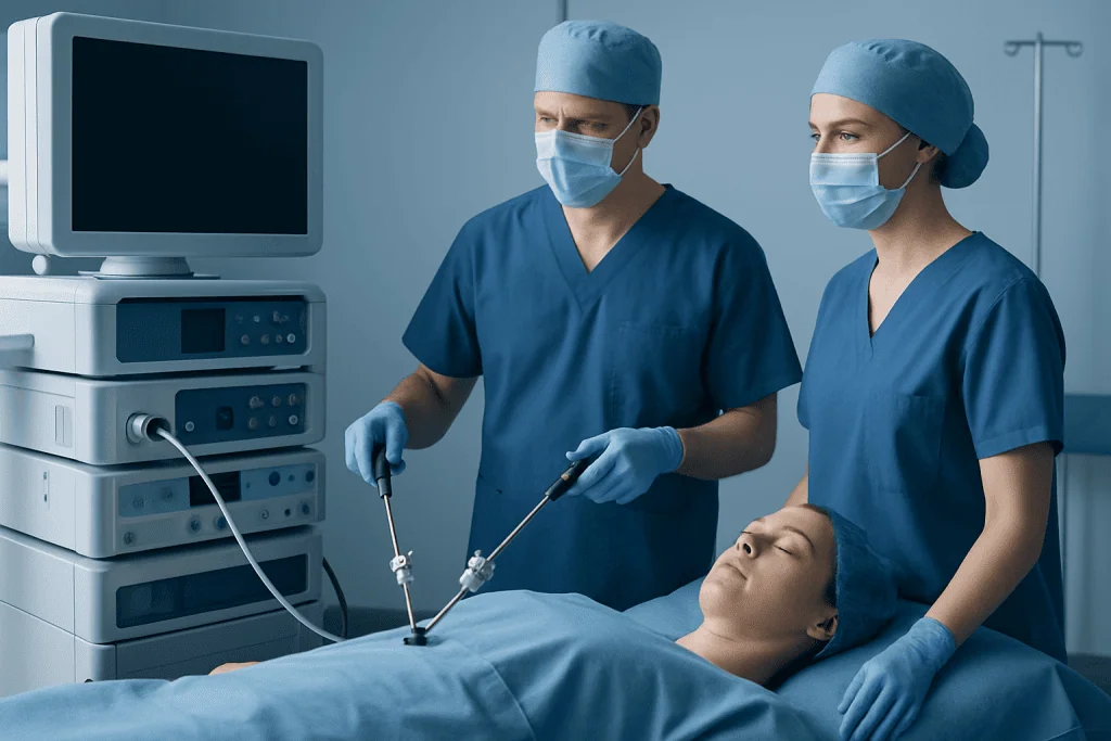 Surgeons performing a gastric sleeve procedure in an operating room.