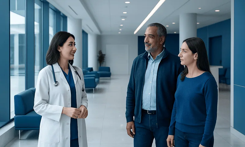 Doctor consulting with international patients in a modern hospital lobby.