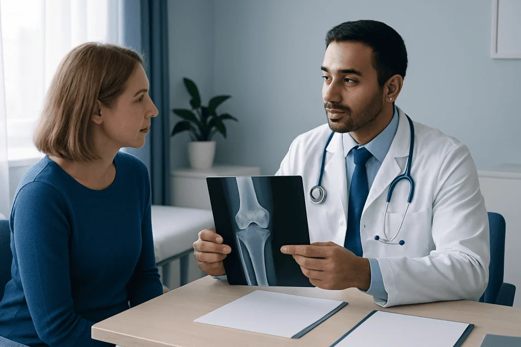 Doctor explaining knee X-ray to patient in a medical consultation room.