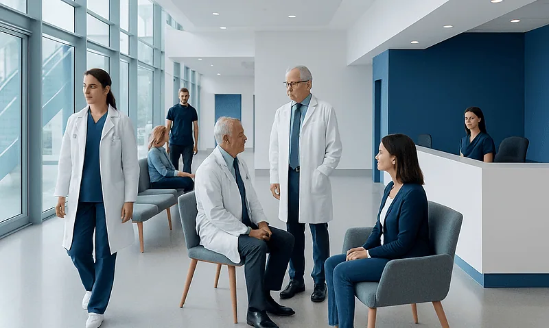 Medical consultation in a modern hospital lobby with doctors and patients.
