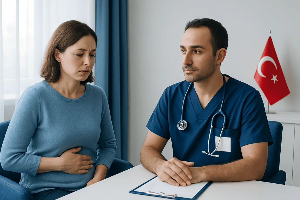 Doctor consulting a patient about post-surgery pain management in Turkey.
