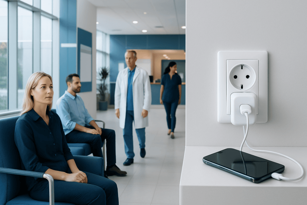 Medical Power Adapters and Device Charging in Turkey: Patient Guide 1 Patients waiting in a hospital corridor with a power outlet for device charging.